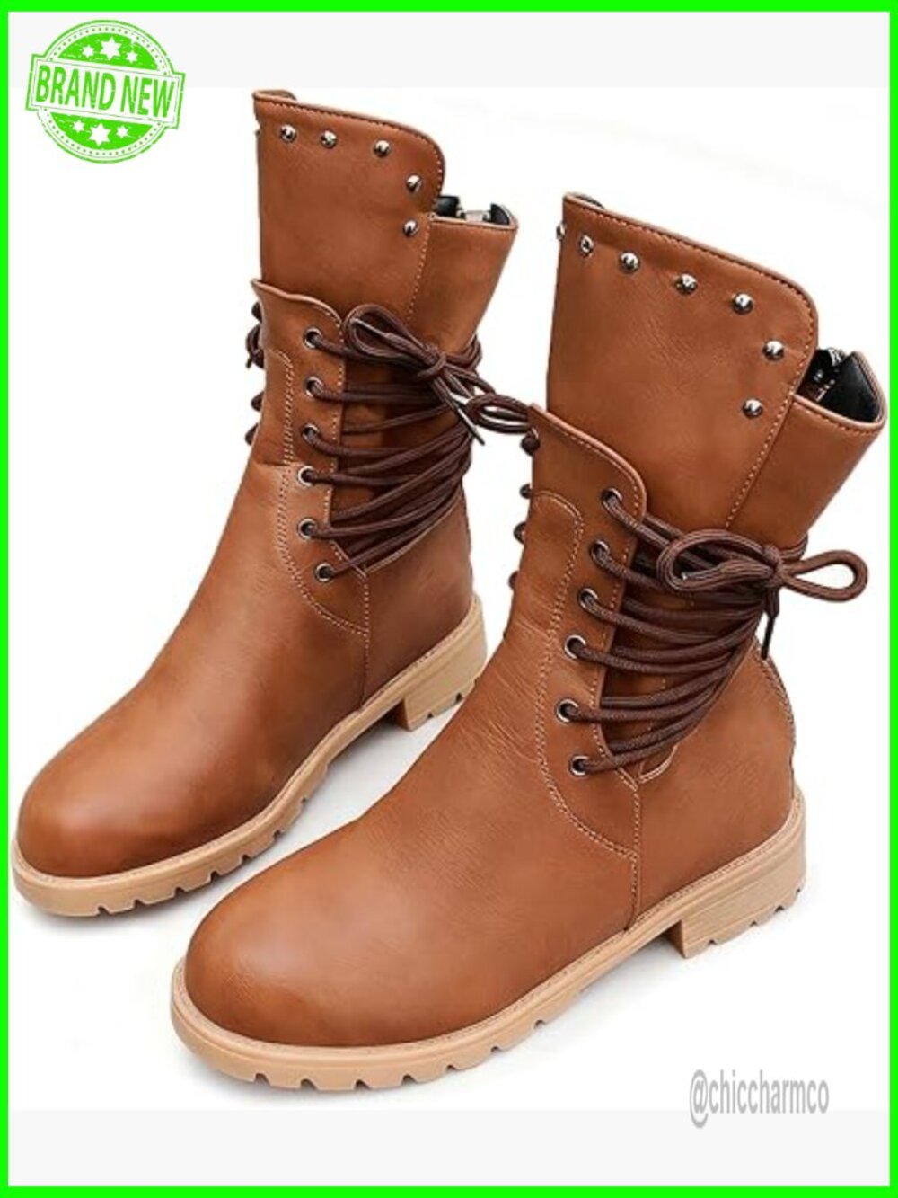 Leather Lace Up Chunky Heel Ankle Boots Round Toe Back Zipper Combat Boots